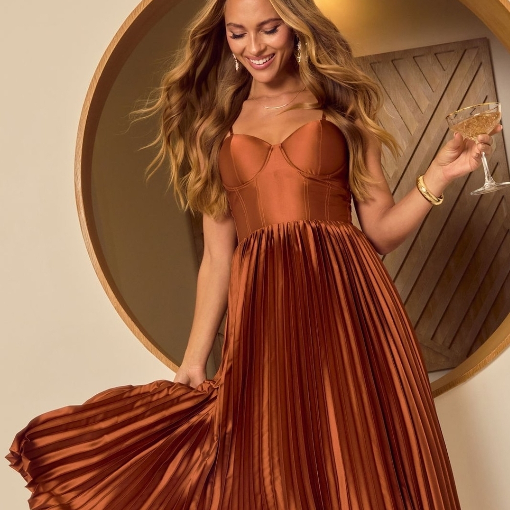 Vici Strapless Copper Pleated Dress